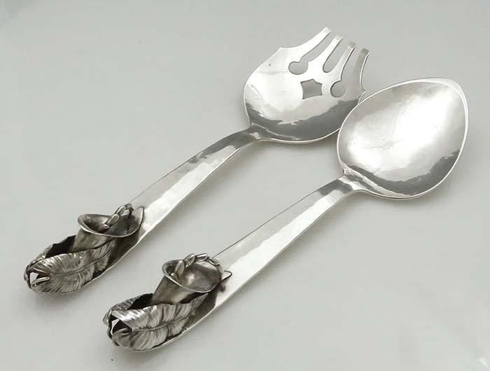 rear view of sterling silver salad serving set by Lona Schaeffer retailed by Shreve Crump and Low Co